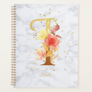Modern Marble Watercolor Golden Monogram Letter I Planner
