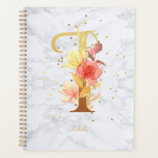 Modern Marble Watercolor Golden Monogram Letter I Planner
