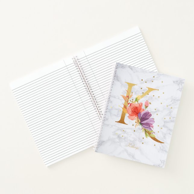 Modern Marble Watercolor Golden Monogram Letter K Notebook (Inside)
