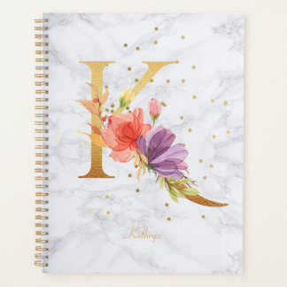 Modern Marble Watercolor Golden Monogram Letter K Planner