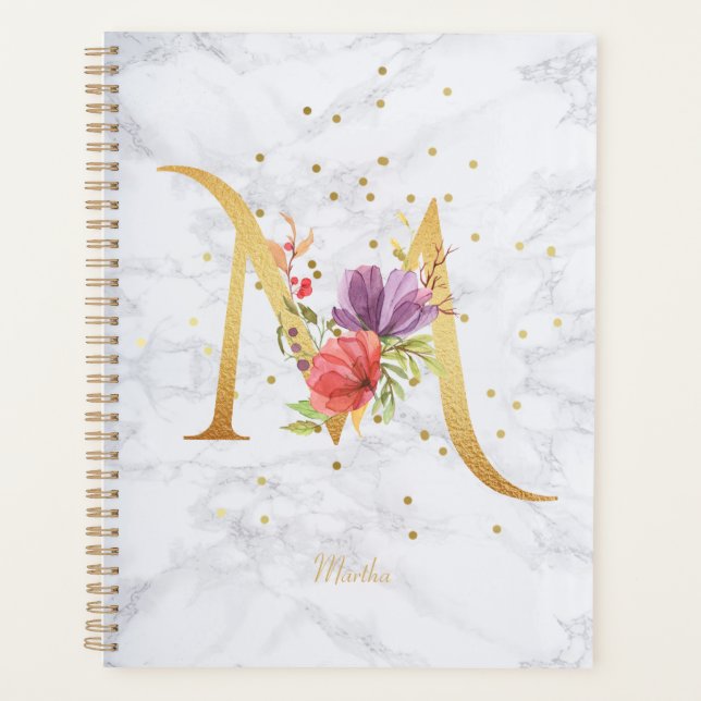 Modern Marble Watercolor Golden Monogram Letter M Planner (Front)