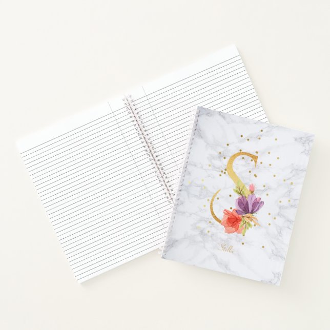 Modern Marble Watercolor Golden Monogram Letter S Notebook (Inside)