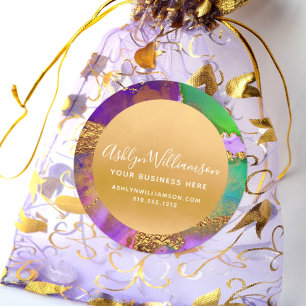 Modern marble watercolor purple gold green script classic round sticker