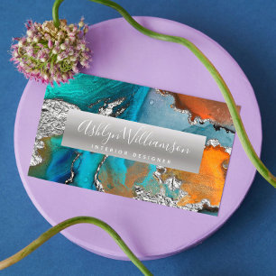 Modern marble watercolor silver turquoise script business card