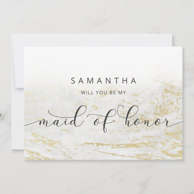 Modern Marble White Maid of Honour Proposal Card (Front)
