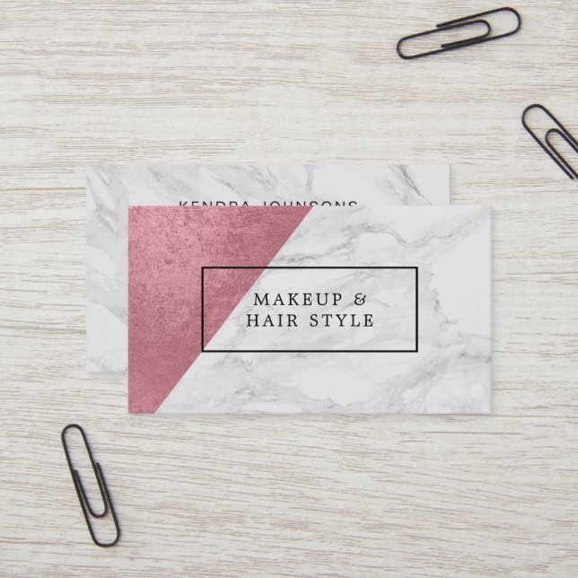 Modern Marble with Faux Rose Gold Business Card (Front/Back In Situ)