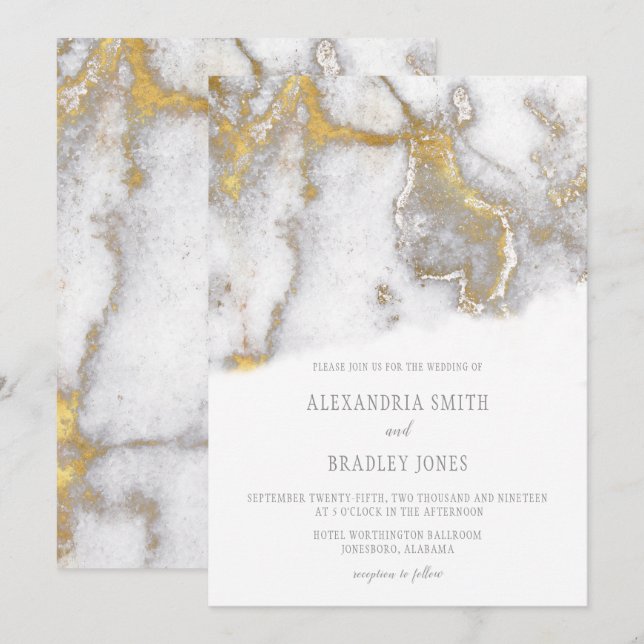 Modern Marbled Grey and Gold Wedding Invitation | (Front/Back)