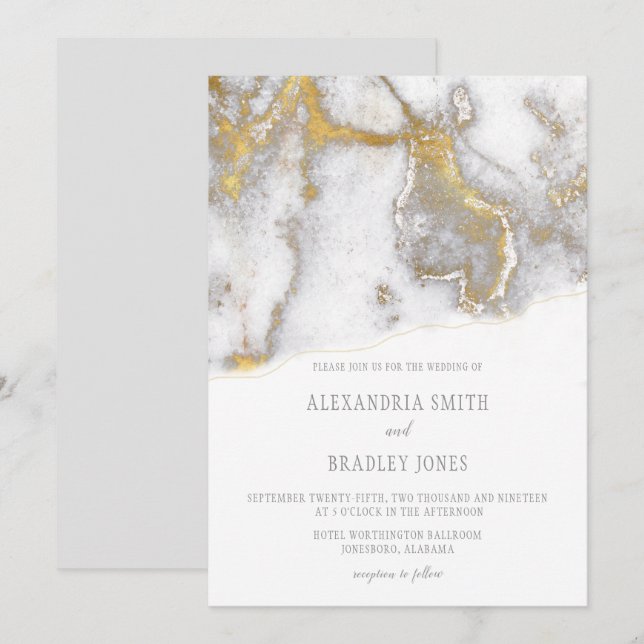 Modern Marbled Grey and Gold Wedding Invitation | (Front/Back)