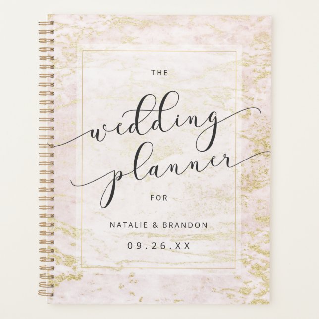 Modern Marbles in Blush with Gold Wedding Plans Planner (Front)