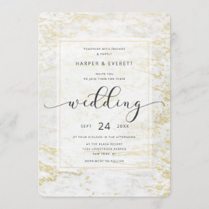 Modern Marbles in Classic White with Gold Wedding Invitation