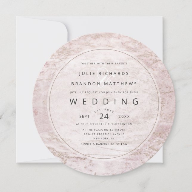 Modern Marbles in Mauve Rose Gold Circle Wedding Invitation (Front)