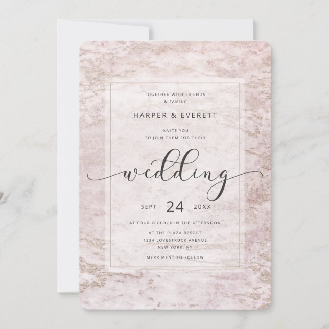 Modern Marbles in Mauve with Rose Gold Wedding Invitation (Front)