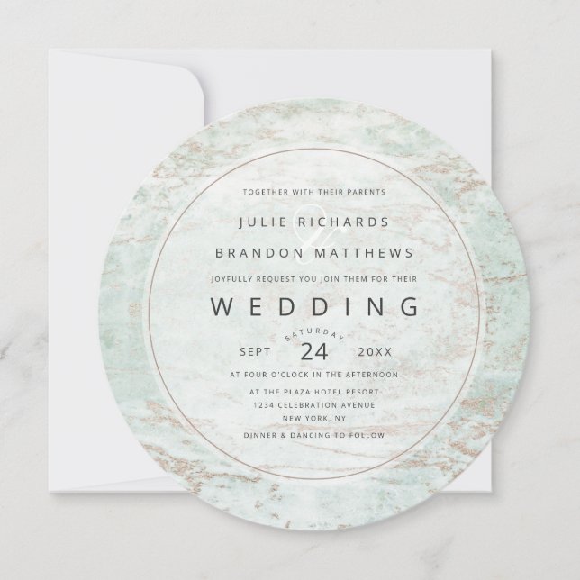 Modern Marbles in Mint Rose Gold Circle Wedding Invitation (Front)
