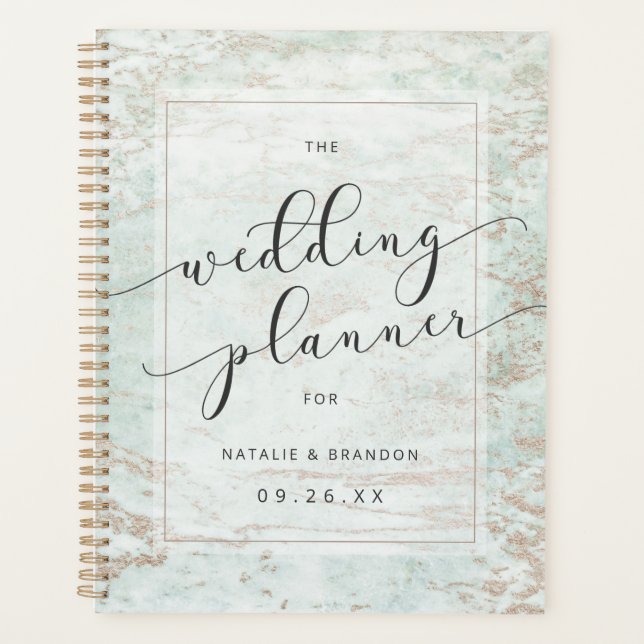 Modern Marbles in Mint Rose Gold Wedding Plans Planner (Front)