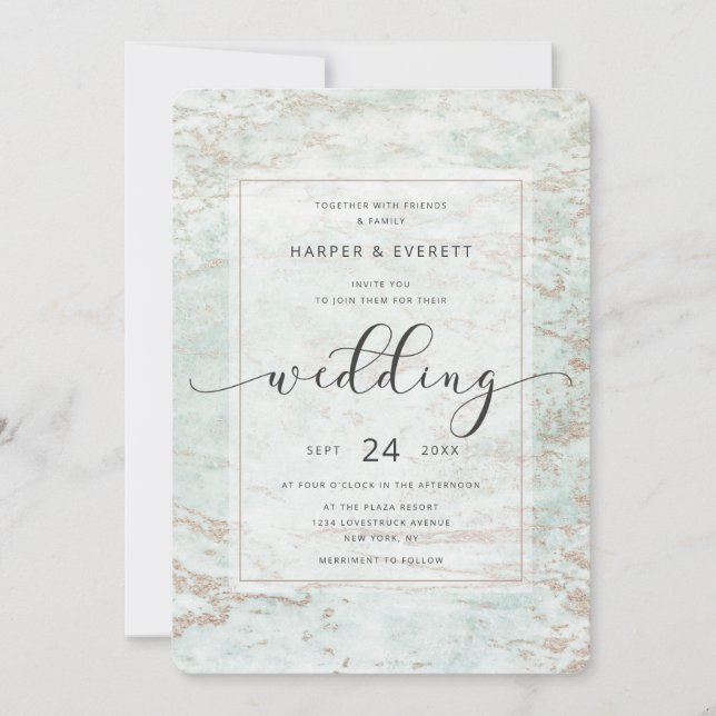 Modern Marbles in Mint with Rose Gold Wedding Invitation (Front)
