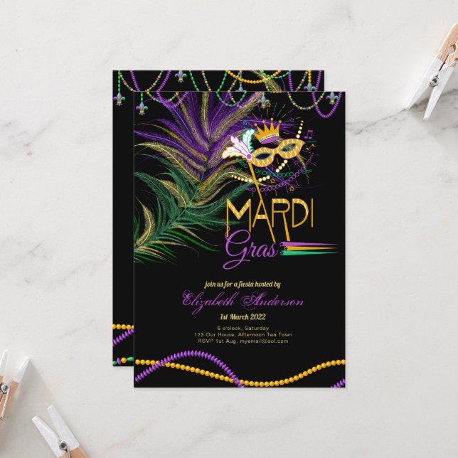 Modern MARDI GRAS Feathers Eye Mask Beads  Invitation (Front/Back In Situ)