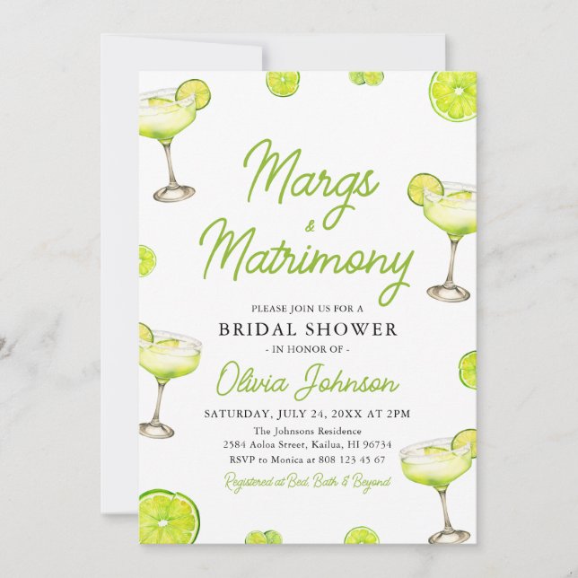 Modern Margs & Matrimony Cocktail Bridal Shower Invitation (Front)