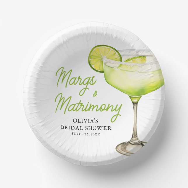 Modern Margs & Matrimony Cocktail Bridal Shower Paper Plate (Front)