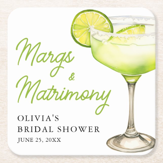 Modern Margs & Matrimony Cocktail Bridal Shower Square Paper Coaster (Front)