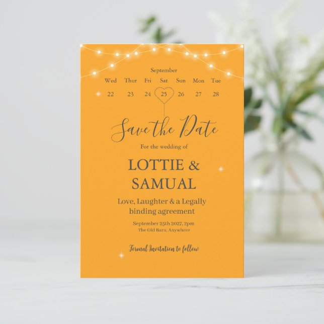 Modern Marigold fairy lights Save The Date (Standing Front)