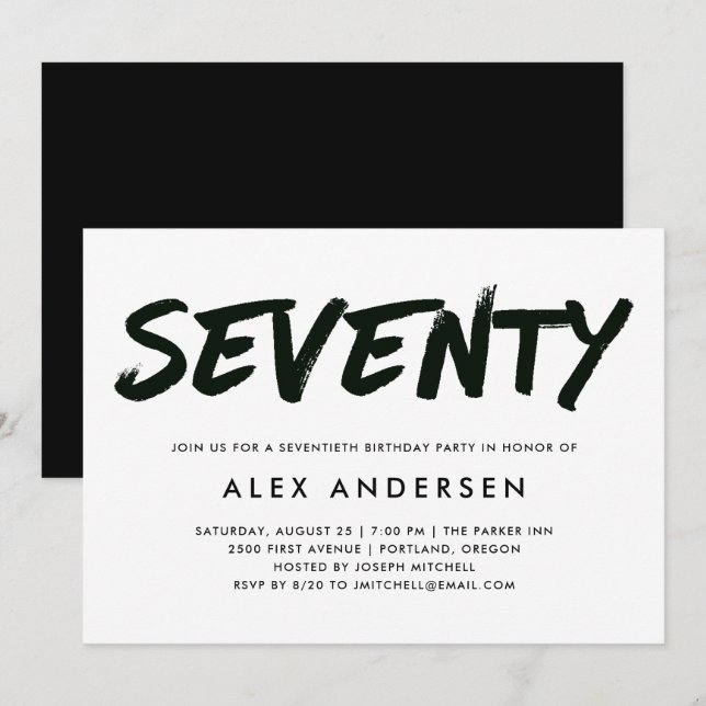 Modern Marker Black and White Seventieth Birthday Invitation (Front/Back)