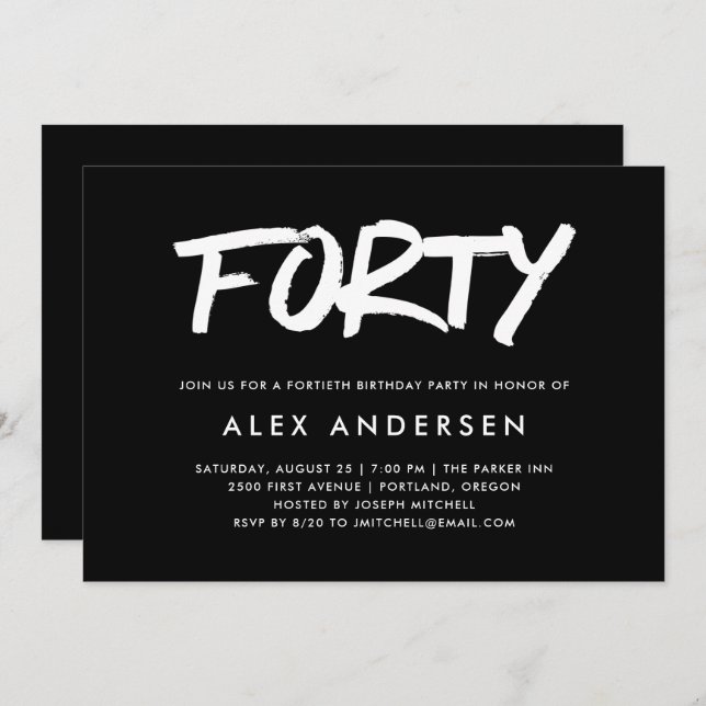 Modern Marker | Black Fortieth Birthday Invitation (Front/Back)