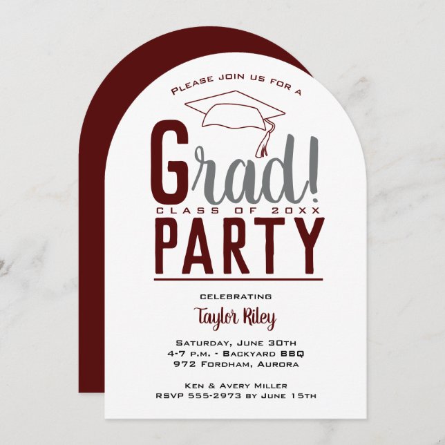 Modern Maroon and Grey Graduation Party Arch Invitation (Front/Back)