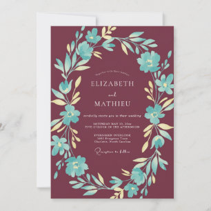Modern Maroon Aqua Painted Wedding Invitation