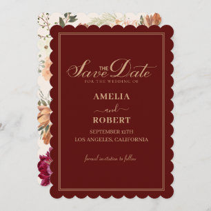 Modern maroon burgundy floral fall wedding  save the date