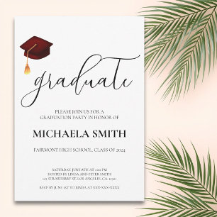 Modern Maroon Cap High School Graduation Party Invitation