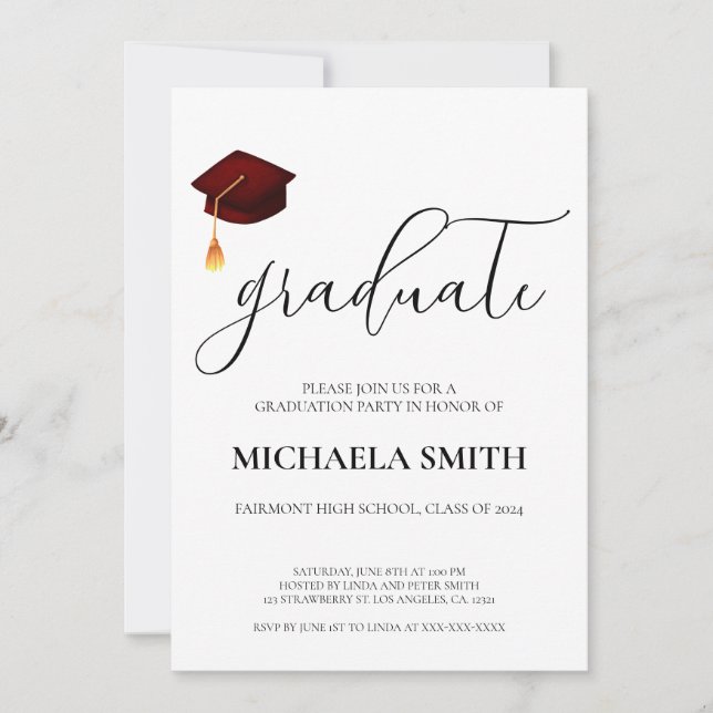 Modern Maroon Cap High School Graduation Party  Invitation (Front)
