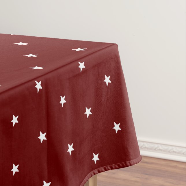 Modern maroon dark red white stars pattern holiday tablecloth (In Situ)