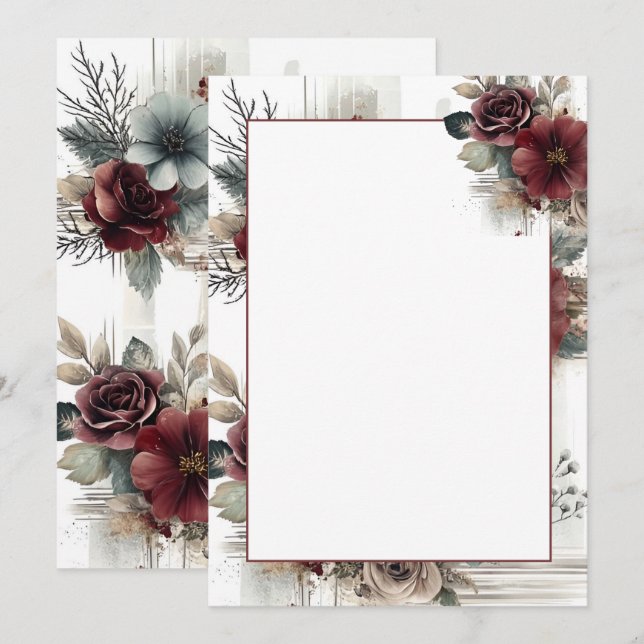 Modern Maroon Floral Blank Wedding  Invitation (Front/Back)