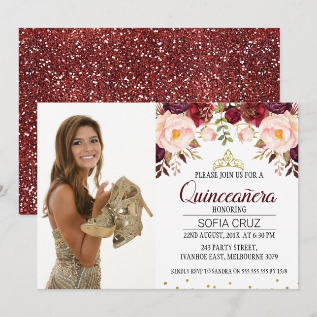 Modern Maroon Floral Photo Quinceañera Invitation (Front/Back)