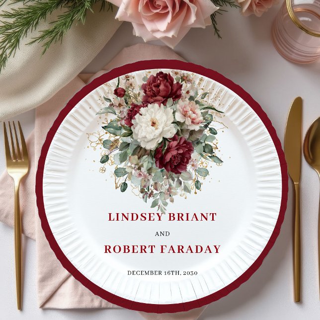 Modern Maroon Flowers Eucalyptus Gold Plates (Modern Maroon Flowers Eucalyptus Gold Plates)