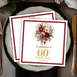 Modern Maroon Gold Autumn Floral 60th Birthday Nap Napkin