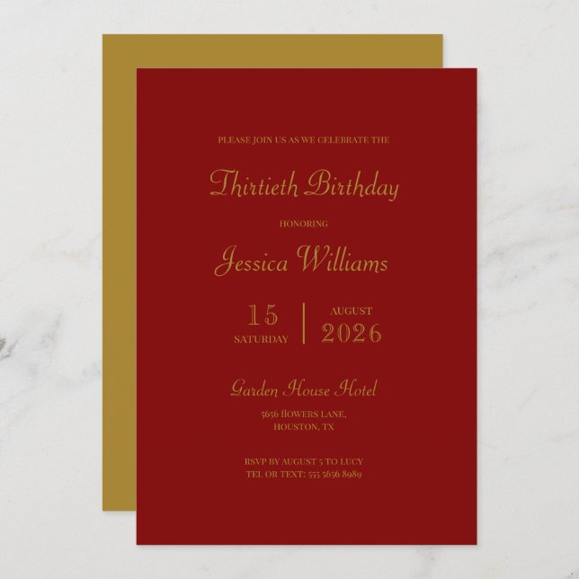 Modern Maroon & Gold Birthday Party Invitation (Front/Back)
