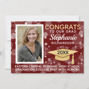 Modern Maroon Gold Bokeh Bubbles Photo Graduation Invitation