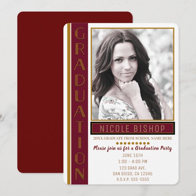 Modern Maroon Gold Graduation Party Graduate Photo Invitation (Front/Back)