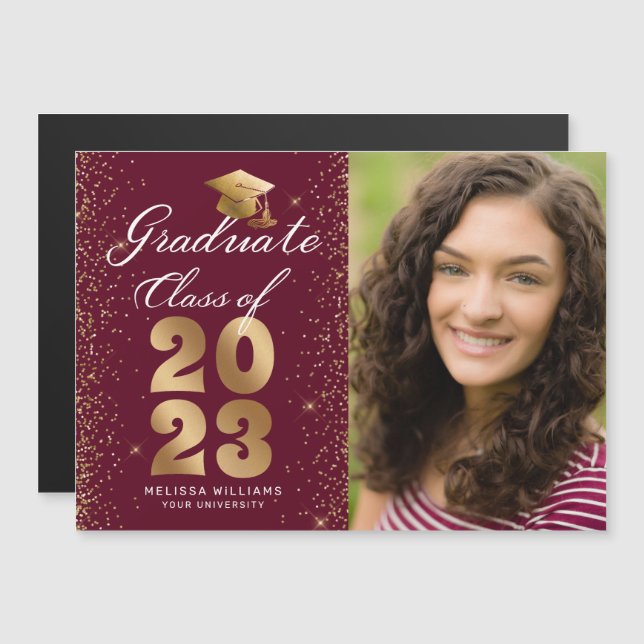 Modern Maroon Gold Script Cap Glitter Photo Grad (Front/Back)