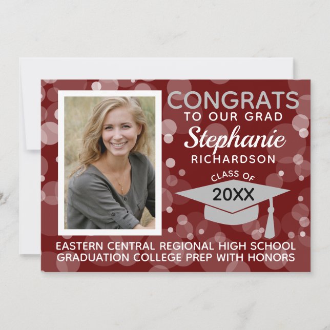 Modern Maroon Grey Bokeh Bubbles Photo Graduation Invitation (Front)