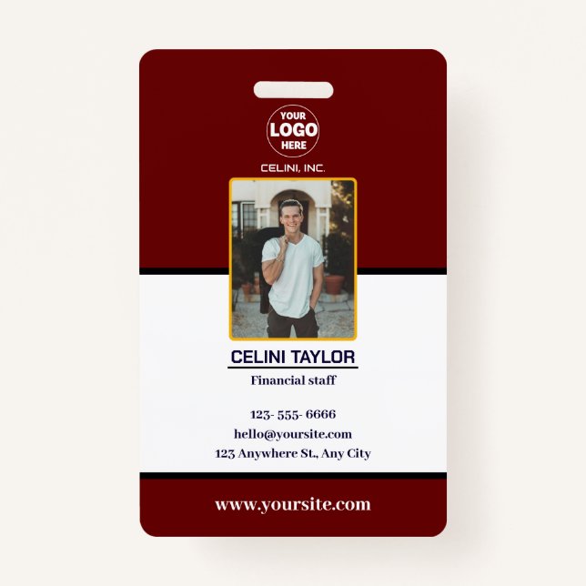 Modern Maroon ID Card with Photo & Logo ID Badge (Front)