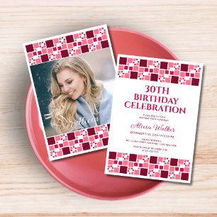 Modern Maroon Pink Digital Frame Photo Birthday  Invitation