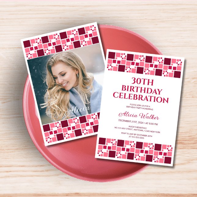 Modern Maroon Pink Digital Frame Photo Birthday  Invitation (Creator Uploaded)