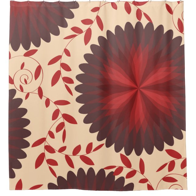 Modern Maroon Red Floral Foliage Shower Curtain (Front)