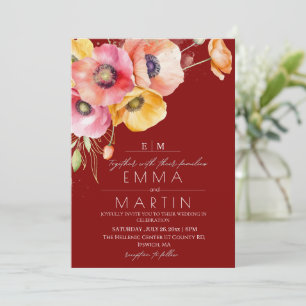 Modern Maroon Red Poppies Floral  Wedding Invitation