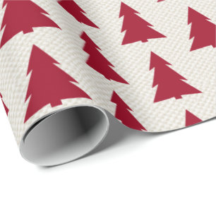 Modern Maroon Trees Pattern on Faux Beige Canvas Wrapping Paper