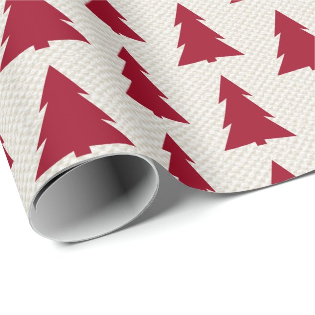 Modern Maroon Trees Pattern on Faux Beige Canvas Wrapping Paper (Roll Corner)
