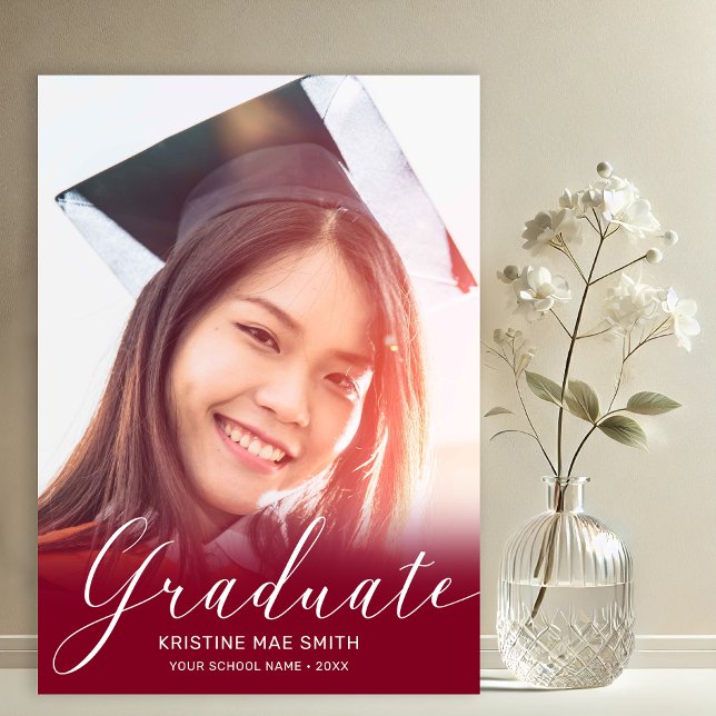 Modern Maroon White Calligraphy Photo Graduation Announcement (Maroon with White Calligraphy Script Photo Graduation Announcement)