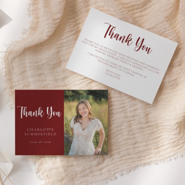 Modern Maroon White Graduation Thank You Card (Creator Uploaded)